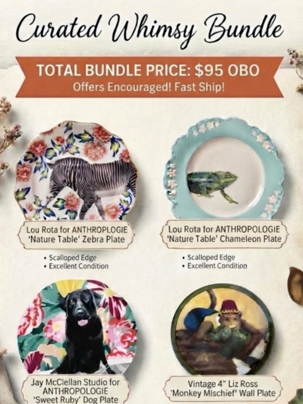 Anthropologie Animal Plates Bundle + Vintage Liz Ross Monkey Plate